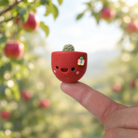 Apple Cider mini cactus pot on a fingertip in an apple orchard
