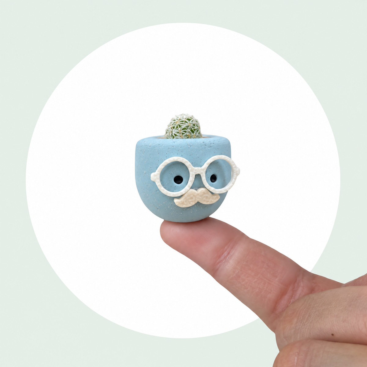 Chilly Chap live mini cactus in a handmade light blue pot with white glasses and a cream mustache, balanced on a fingertip