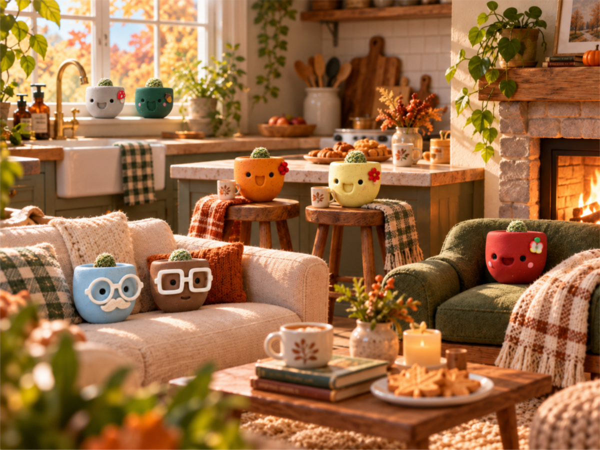 All seven Fall Winter 2026 mini cactus pots around a cozy kitchen and living room by the fireplace