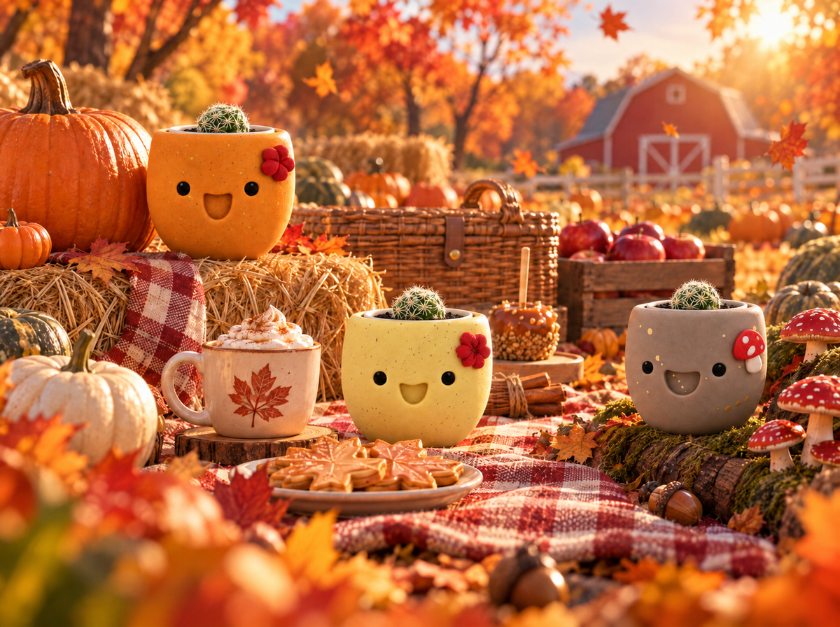 Pumpkin Spice, Maple Cookie and Mushroom Munchkin mini cactus pots at a pumpkin patch picnic