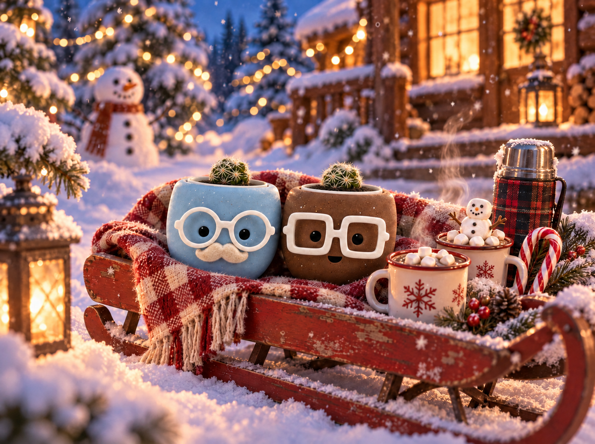 Chilly Chap and Hot Cocoa mini cactus pots in a red sled on a snow day