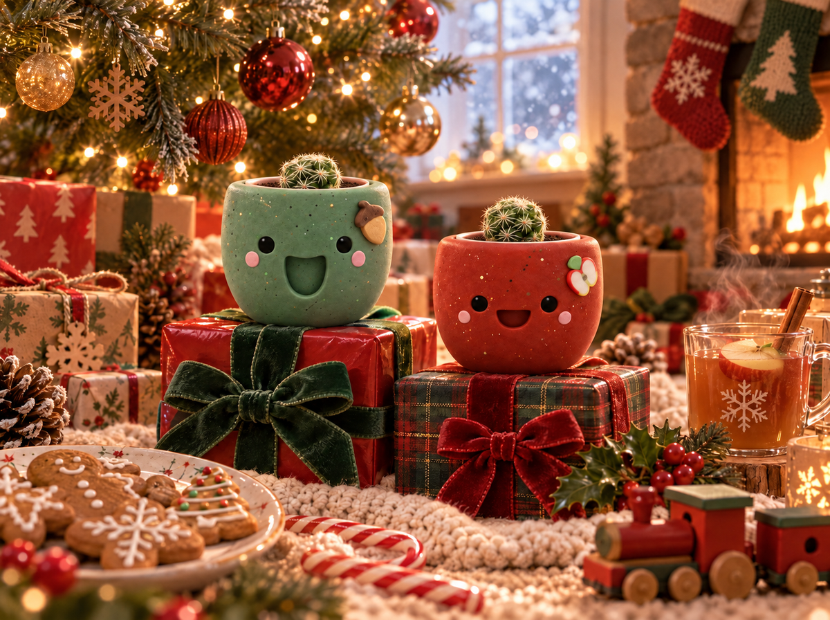 Acorny and Apple Cider mini cactus pots on wrapped gifts by the Christmas tree