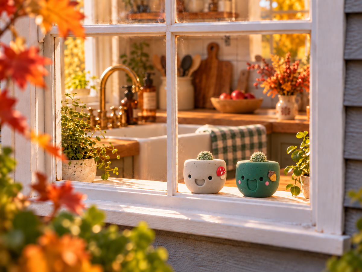 Mushroom Munchkin and Acorny mini cactus pots on a sunny kitchen windowsill in autumn