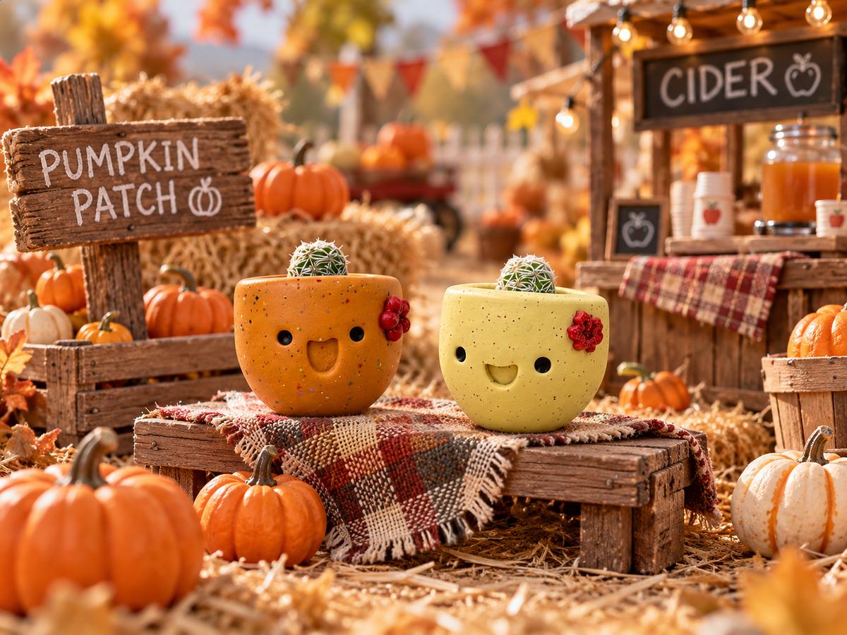 Pumpkin Spice and Maple Cookie mini cactus pots on a plaid blanket at a pumpkin patch with a cider stand