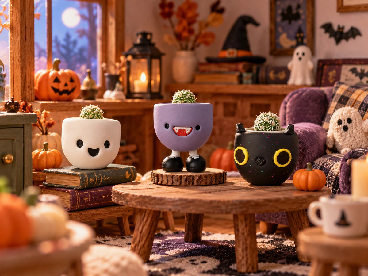 Spookies tiny plants—Happy Ghost, Vamps Jr. and Galactic Cat—on a wooden table in a Halloween room