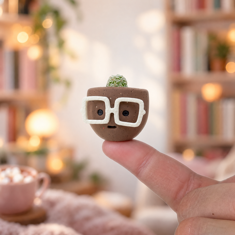 Hot Cocoa mini cactus pot on a fingertip in a cozy reading nook with cocoa