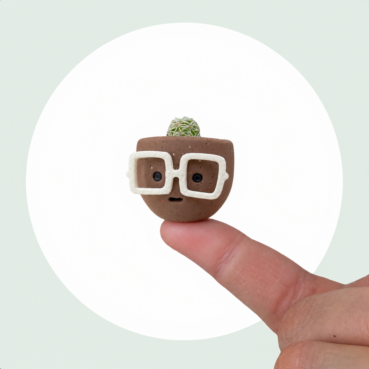 Hot Cocoa live mini cactus in a handmade chocolate brown pot with white marshmallow glasses, balanced on a fingertip