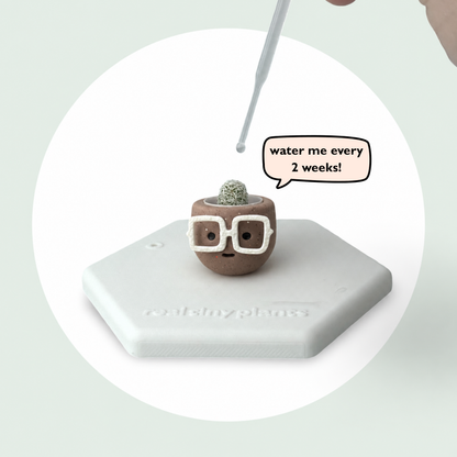 Dropper watering Hot Cocoa with a speech bubble that says water me every 2 weeks