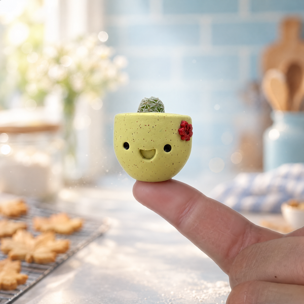 Maple Cookie mini cactus pot on a fingertip beside fresh maple leaf cookies