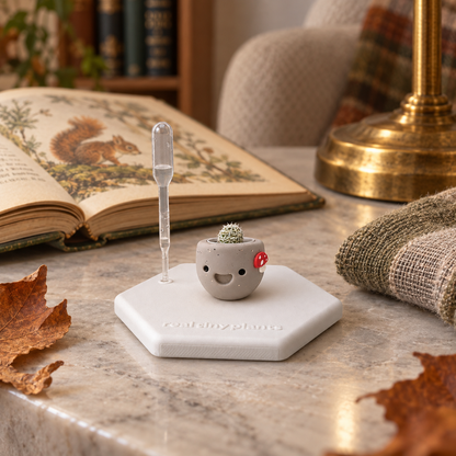 Mushroom Munchkin tiny cactus on its white hexagon coaster on a stone counter beside an open storybook, a brass lamp, and autumn leaves