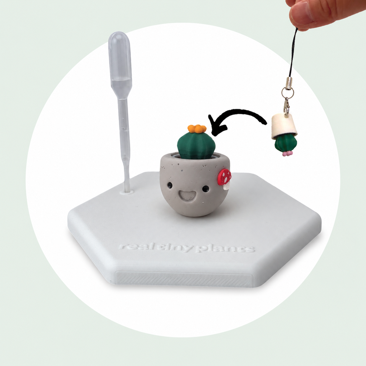 Cactus Pal keychain shown dropping into the Mushroom Munchkin pot as a forever plant backup