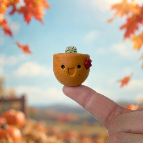 Pumpkin Spice mini cactus pot on a fingertip with an autumn pumpkin field behind