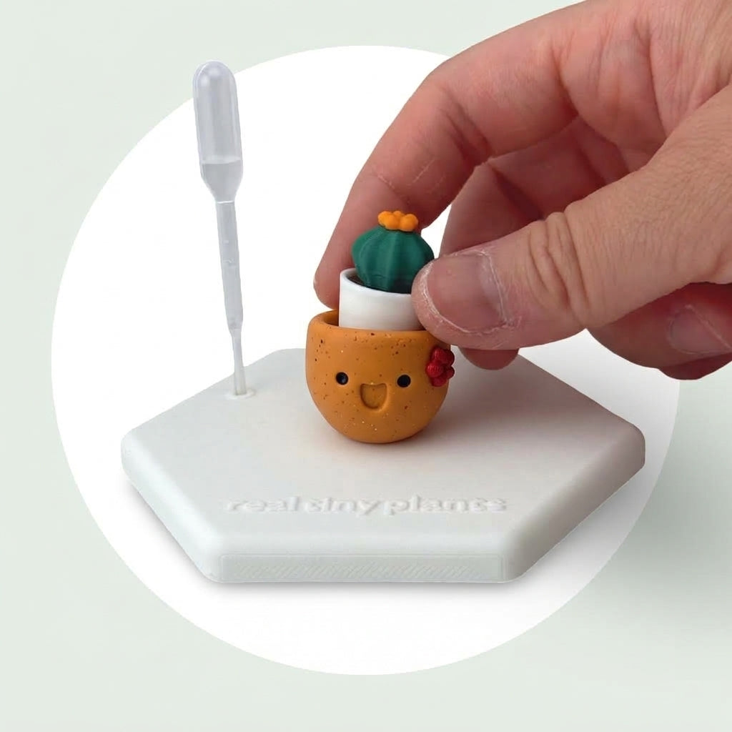 A hand sets the Cactus Pal into the Pumpkin Spice pot on its magnetic coaster
